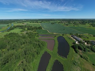 Aerial view city sewage treatment plant ponds