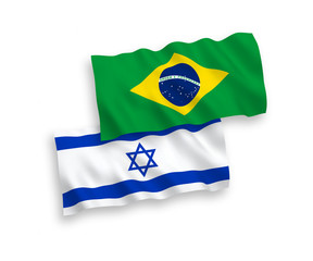 National vector fabric wave flags of Brazil and Israel isolated on white background. 1 to 2 proportion.