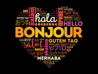 Bonjour (Hello Greeting in French) heart word cloud in different languages of the world © dizain