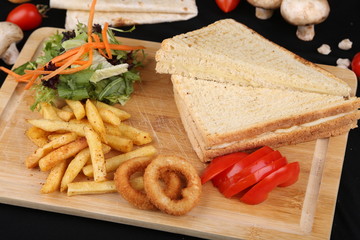toast, fast food, aperitif, meal, french fries, crusty toast, sausage toast,