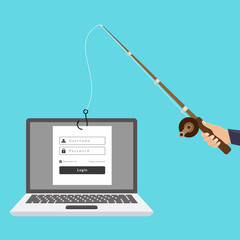 Hands holding fishing rod, internet crime phishing, sign in account on laptop, fishing hook with blue background flat design vector illustration