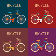 Set of colored illustrations with bikes and the word "bicycle". Cards for biking, cyclists. Can be used for Postcards, posters, t-shirts, cover, card.