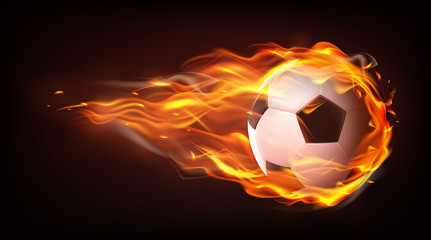 Football ball flying engulfed in flames, firing in darkness after powerful strike 3d realistic vector isolated on black background. Soccer championship, sport competition announcement design element