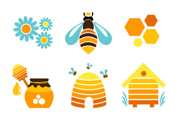 Honey icons. Vector design elements. Queen bee, honeycomb, hive, flowers and honey jar.