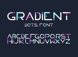 English ABC, full latin alphabet with futuristic, cyberpunk looking, digital, rounded shape with dots in gradient blue, pink and violet colors letters isolated flat vector illustrations collection
