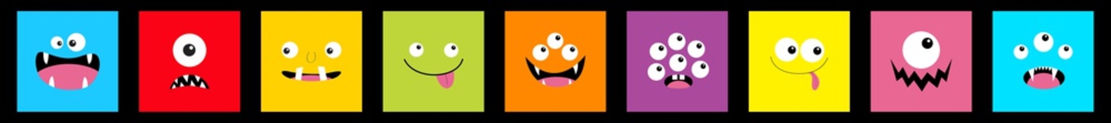 Monster head line icon set. Square head. Boo Spooky Screaming smiling sad face emotion. Three eyes, tongue, teeth fang, mouse. Happy Halloween card. Flat design style. Black background. © worldofvector