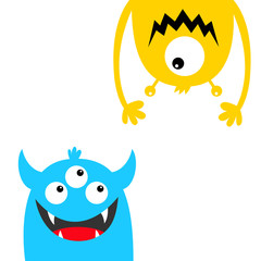 Funny monster set. Face head blue yellow silhouette. Eyes teeth fang tongue hands. Hanging upside down. Cute cartoon kawaii baby character. Happy Halloween. Flat design. White background