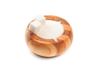 Sugar in wooden  bowl isolated on white background  top view
