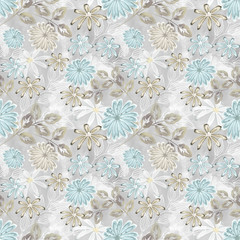 Seamless retro floral pattern.Turquoise, white flowers on a light gray background.
