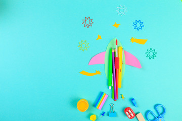 School stationery on color background. Back to school creative  Image  with text place