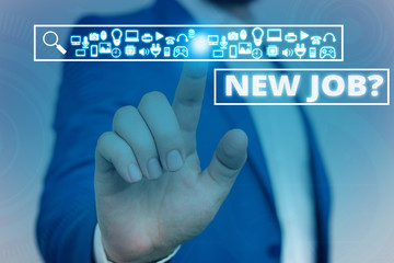 Text sign showing New Job Question. Business photo showcasing formal meeting which someone asked find out if they are suitable Male human wear formal work suit presenting presentation using smart
