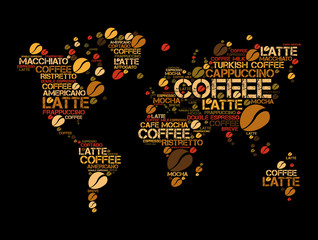 Coffee drinks word cloud in shape of World Map, concept background