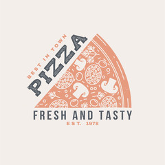 Hot and fresh pizza retro badge design. Vector. Vintage design for cafe, restaurant, pub or fast food business. Template for restaurant identity objects, packaging and menu
