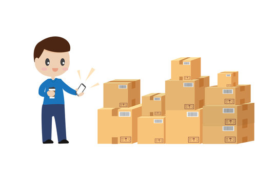 cute young man looking at phone alert with cardboard box set work at home online store shipping concept with copy space