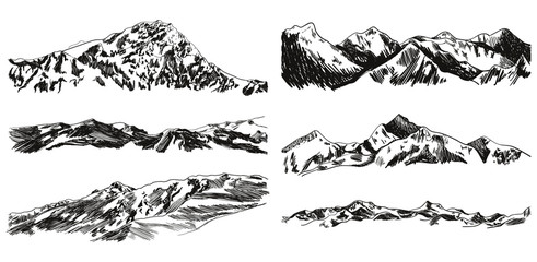 Vector Collection of Hand Drawn Mountains and Hills Isolated on White Background, Black Scribble Drawings.
