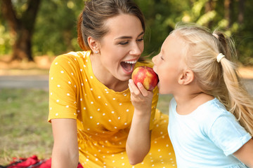 Happy mother and her little daughter at picnic in park