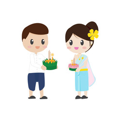 cute Thai couple on floating flowers Loy Krathong festival on white background isolated eps10 vector illustration