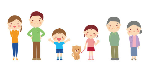 笑顔の三世帯家族と犬のイラスト