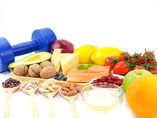 Healthy eating of ketogenic diet meal plan  apple,salmon and avocado with Workout and fitness dieting ,fitness and weight loss concept on white background
