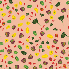 Seamless colorful pattern with mix peppers and salad leaves.