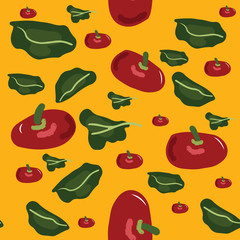 Seamless colorful pattern with tomatoes and salad leaves.