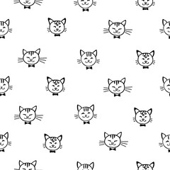 Seamless pattern with face of cats on white background. Hand drawn. The silhouette of the animal. Wallpaper and fabric design and decor. Doodles texture print illustration for kids, girls	