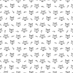 Fototapeta na wymiar Seamless pattern with face of cats on white background. Hand drawn. The silhouette of the animal. Wallpaper and fabric design and decor. Seamless print illustration for kids, girls