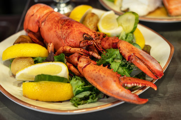 Lobster with lemon and green salad on the plate.