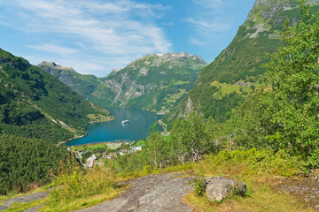 Geirangerfjord green mountain sea view, Norway.