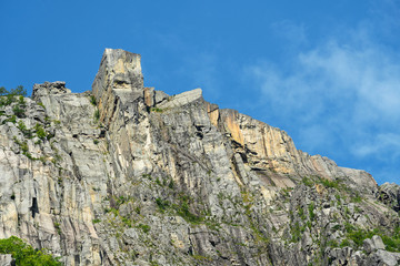 Preikestolen rock view from Lysefjord, Norway.Norway. Preikestolen (Pulpit rock) is natural Norwegian landmark.