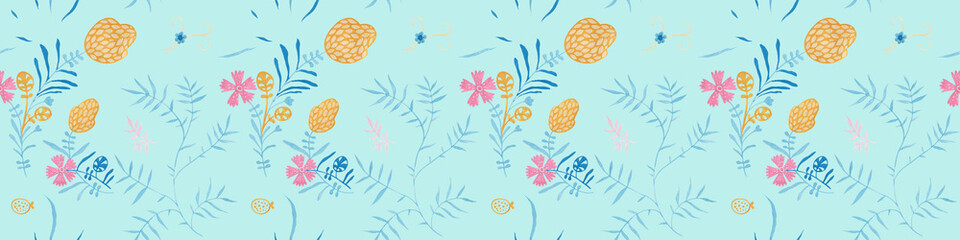 Garden background with modern illustration floral decoration. Repeating leaves, petal thorns pattern. Soulful flora expression. Mediterranean cloth yard decor. Elegance plate serving seamless ornament