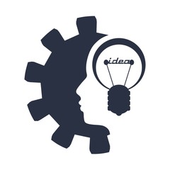 Lamp in the head of a person. Lamp head businessman. Illustration of brainwork, idea appearance. Switch on bulb icon with idea text.
