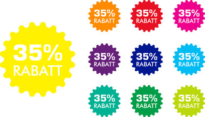 35% Rabatt Button Icon Farbig Stern Zahnrad Rund Gelb Rot Magenta Lila Violett Blau Cyan Türkis Grün Limette