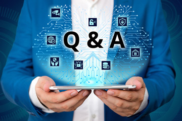 Handwriting text writing Q And A. Conceptual photo defined as questions being asked and answers Male human wear formal work suit presenting presentation using smart device