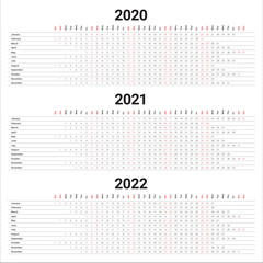 Year 2020 2021 2022 calendar vector design template