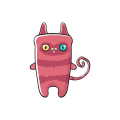 pink cute kitty character isolated on white background. Cartoon happy pink cat character with big eyes