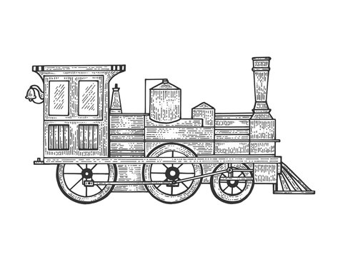 Old steam locomotive train transport sketch line art engraving vector illustration. Scratch board style imitation. Black and white hand drawn image.