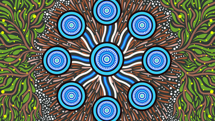 Illustration based on aboriginal style of painting. Connection concept
