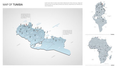 Vector set of Tunisia country.  Isometric 3d map, Tunisia map, Africa map - with region, state names and city names.