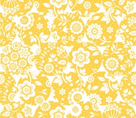 Floral white pattern, seamless, yellow circles, white background, flat, vector. Floral white pattern, seamless, yellow circles, white background, flat, vector 