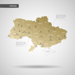 Stylized vector Ukraine map.  Infographic 3d gold map illustration with cities, borders, capital, administrative divisions and pointer marks, shadow; gradient background. 