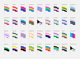 LGBT symbols in flat. Pride flags list. Rainbow flag. - obrazy, fototapety, plakaty
