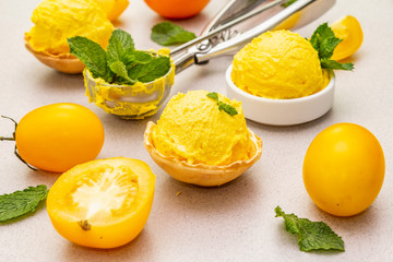 Yellow tomato ice cream, sorbet, gelato