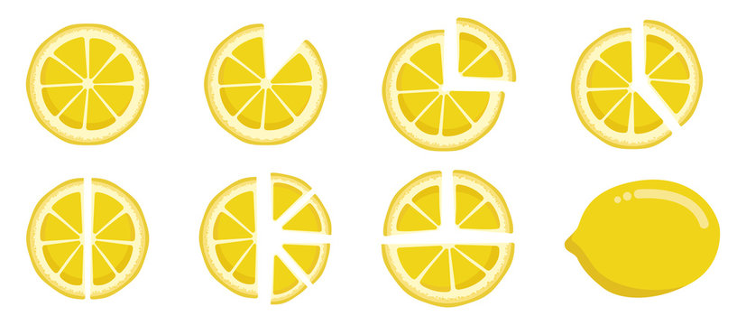 Vitamin C. Set of vector isolated elements. Bright fresh ripe juicy whole and cut lemon and slices isolated on white background. Clip art for your design