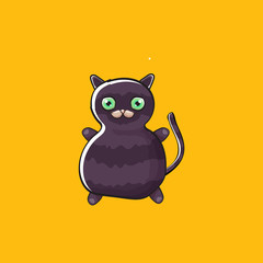 cute black halloween cat isolated on orange background. Cartoon happy black witch kitten with big eyes