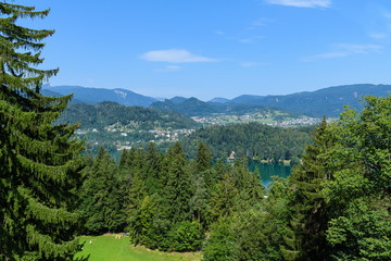 Fototapeta na wymiar Scenic view from Mount Straza towards the Bled lake