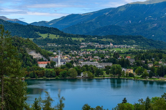 Beautiful view of Lake Bled and the city from Straza Mountain.