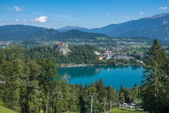 Beautiful view of Lake Bled and the city from Straza Mountain.