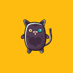 cute black halloween cat isolated on orange background. Cartoon happy black witch kitten with big eyes