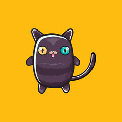 cute black halloween cat isolated on orange background. Cartoon happy black witch kitten with big eyes